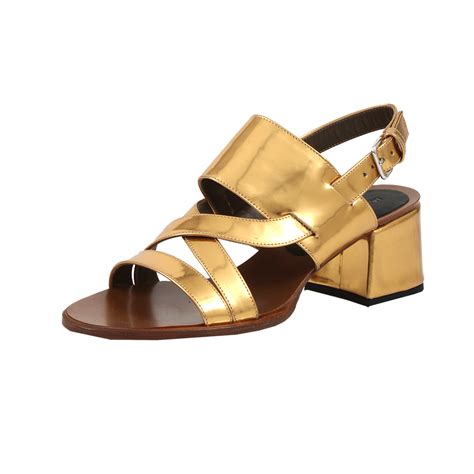 prada yellow gold slip on sandals with 1 inch heel|Prada chunky heel sandal.